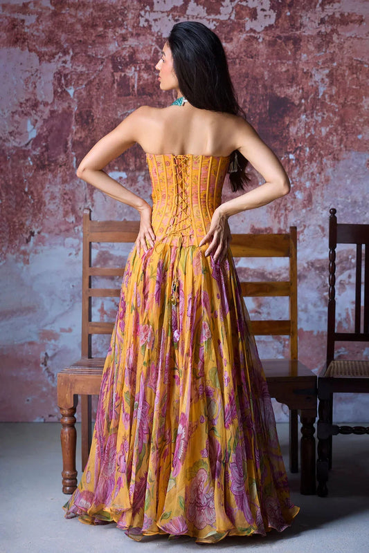 Rent Mahima Mahajan Mustard Yellow Organza Embroidered Corset Gown
