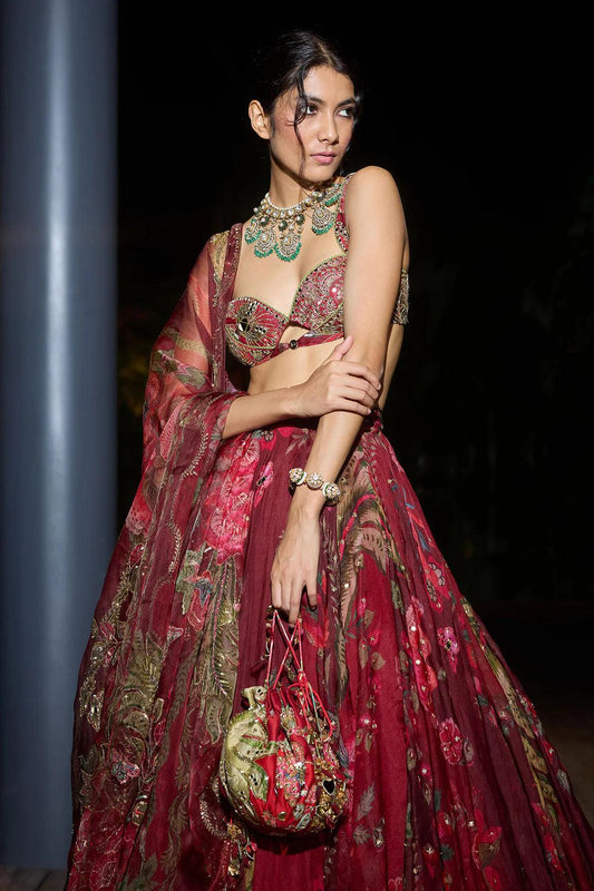 Rent - Mahima Mahajan Red Organza Hand Embroidered Lehenga Set - Couture Encore