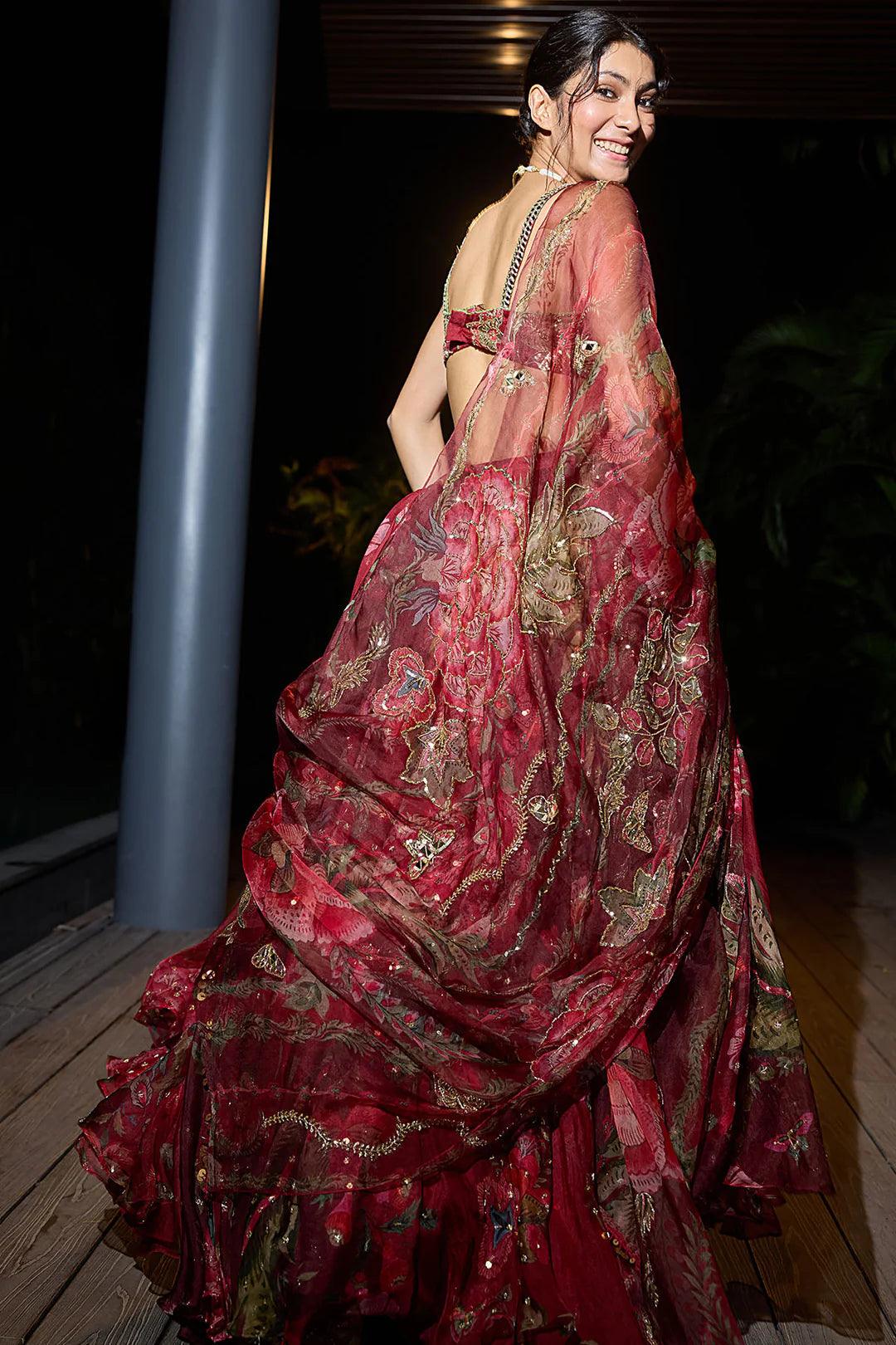 Rent - Mahima Mahajan Red Organza Hand Embroidered Lehenga Set - Couture Encore