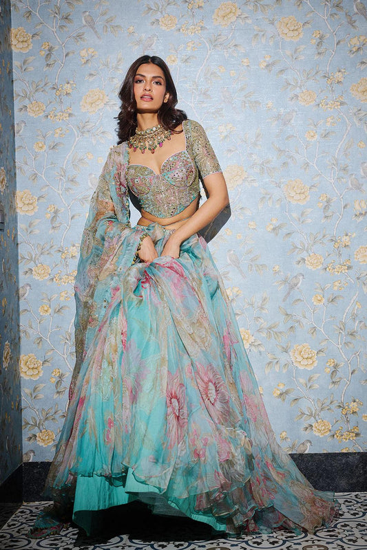 Rent - Mahima Mahajan Aquamarine Organza Lehenga Set - Couture Encore