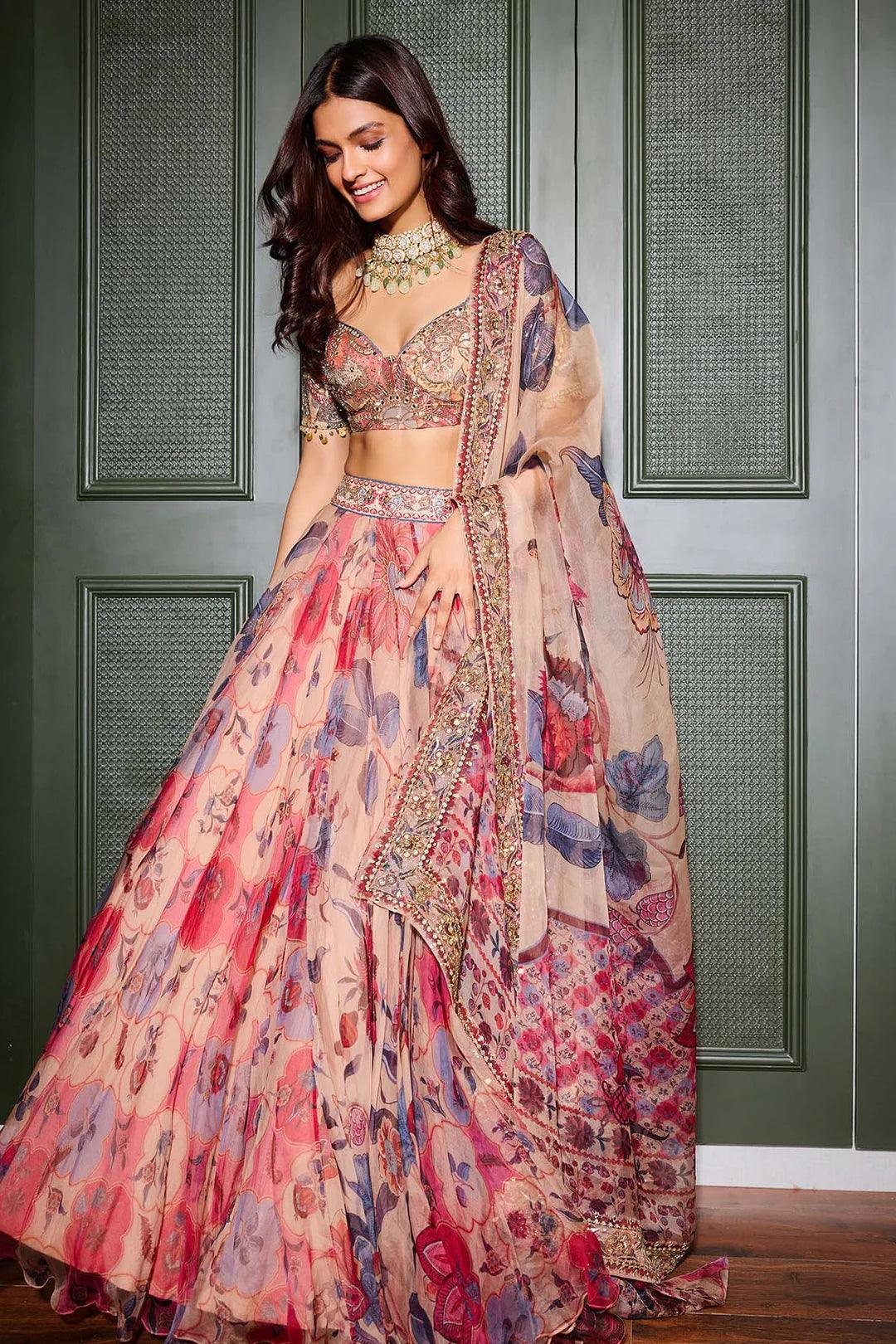 Rent Mahima Mahajan Sand Colored Organza & Raw Silk Hand Embroidered Lehenga Set - Couture Encore