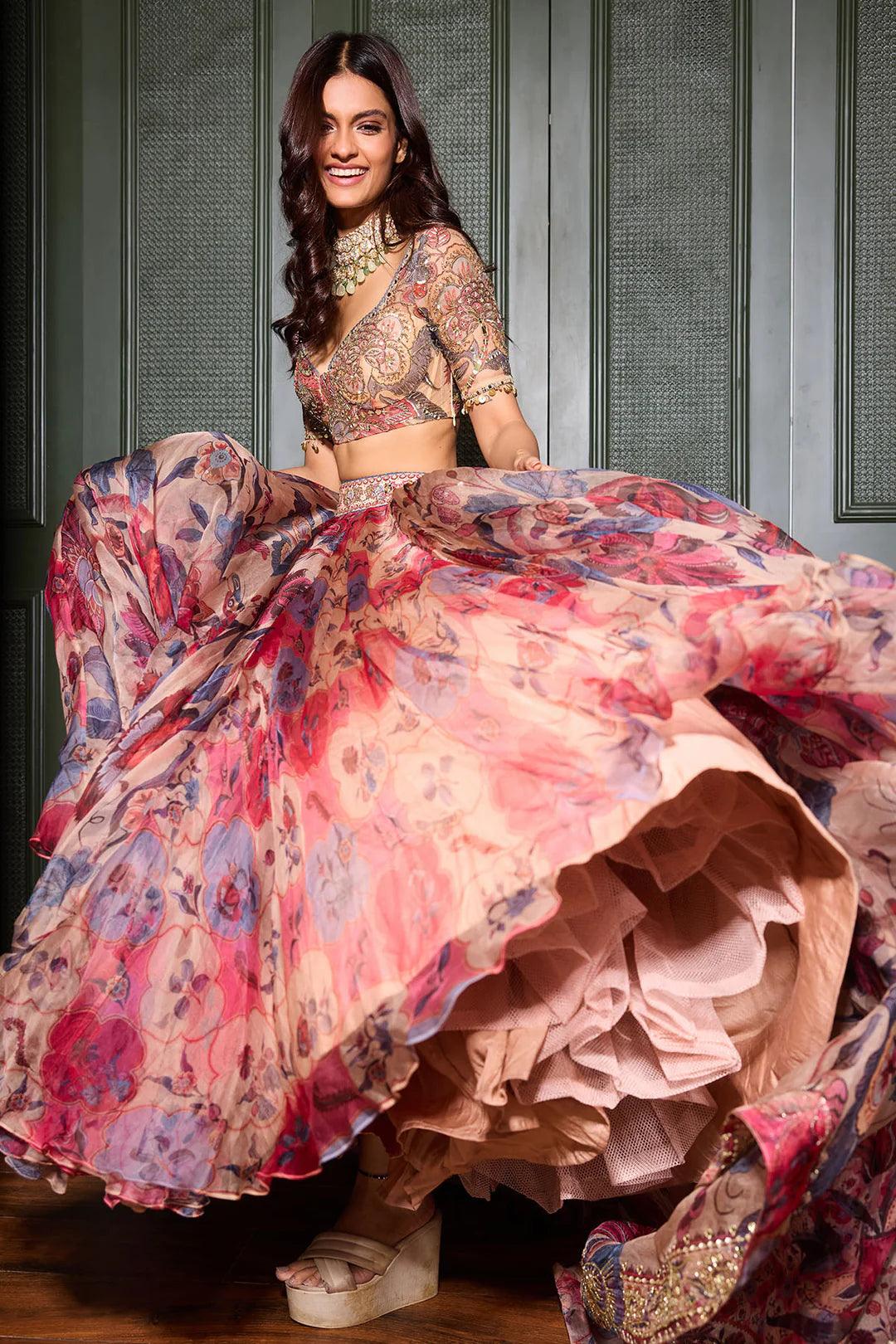 Rent Mahima Mahajan Sand Colored Organza & Raw Silk Hand Embroidered Lehenga Set - Couture Encore
