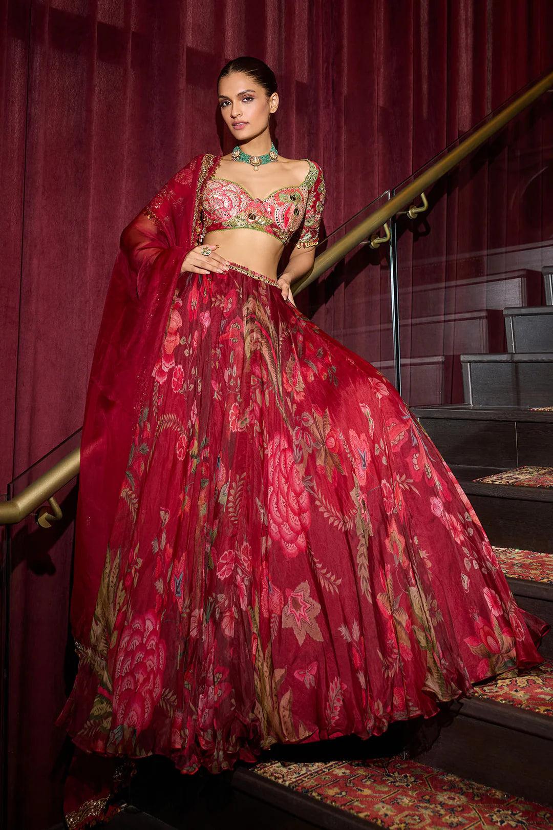 Rent - Mahima Mahajan Sindoori Red Organza & Raw Silk Lehenga Set - Couture Encore