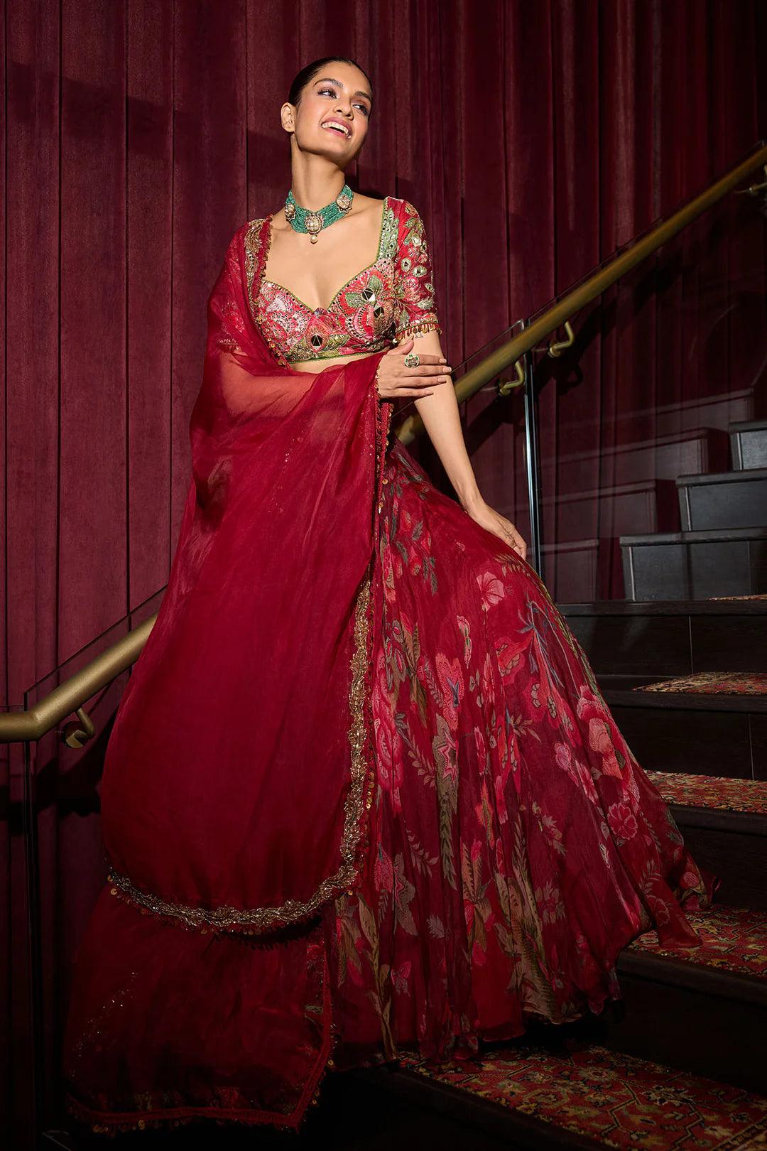 Rent - Mahima Mahajan Sindoori Red Organza & Raw Silk Lehenga Set - Couture Encore