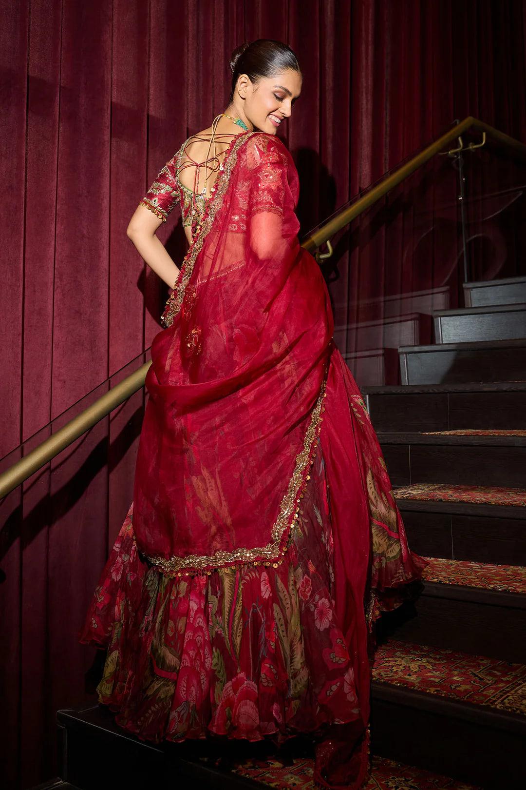 Rent - Mahima Mahajan Sindoori Red Organza & Raw Silk Lehenga Set - Couture Encore