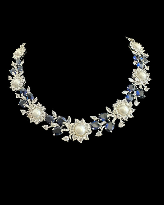 DNS137B silver plated necklace set - BLUE / SAPPHIRE ( READY TO SHIP )
