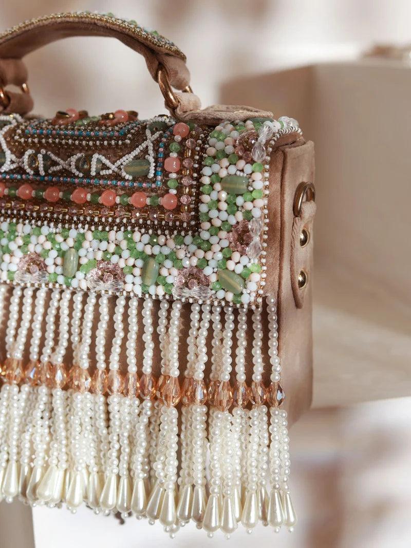 Rent Gold and Pearls Embellished Suede Box Bag - Couture Encore