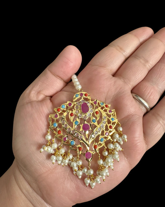 DJTK359 Ekta Gold-Plated Polki Tikka in multicolor & Shell Pearls ( READY TO SHIP )