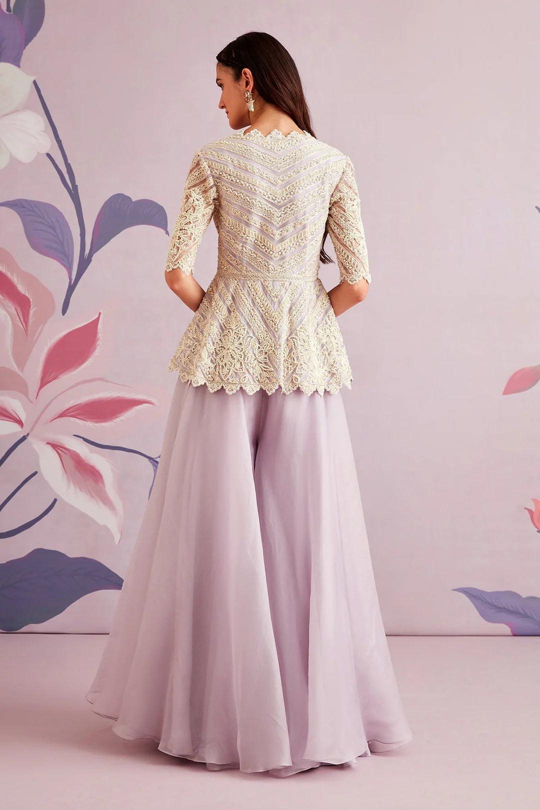 Rent - Lilac Georgette Embroidered Gharara Set - Couture Encore