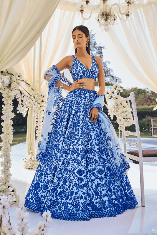 Seema Gujral - Blue On Blue Resham Work Lehenga Set - Couture Encore