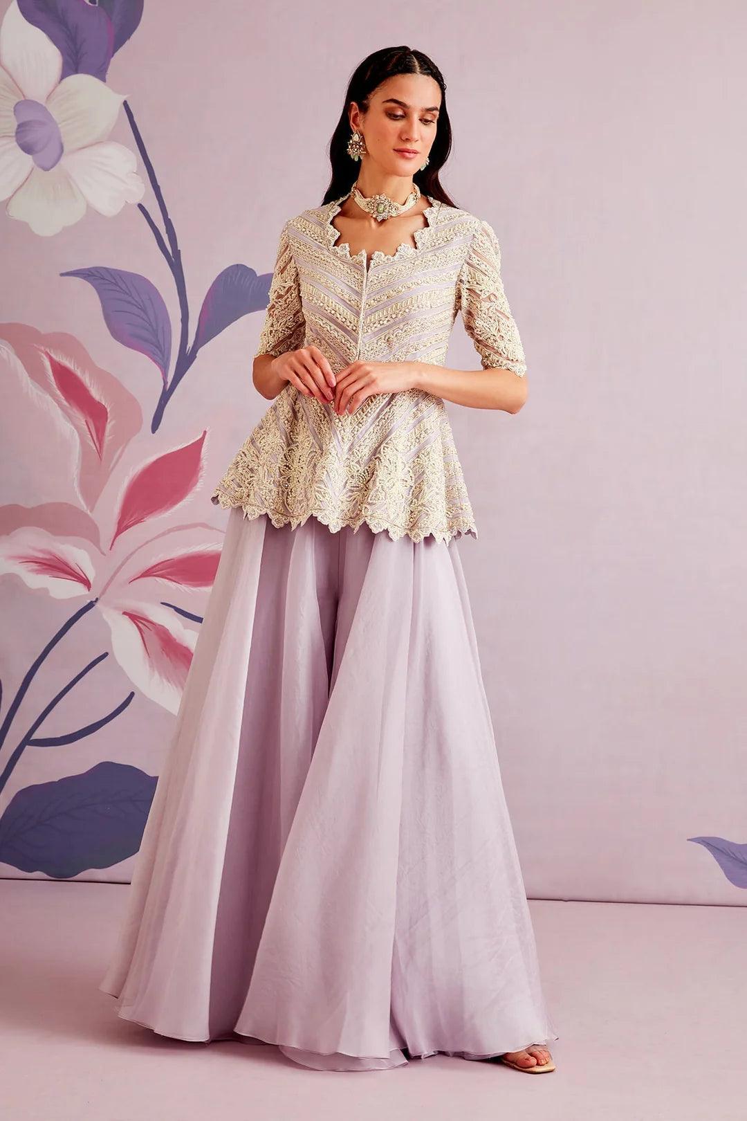 Rent - Lilac Georgette Embroidered Gharara Set - Couture Encore