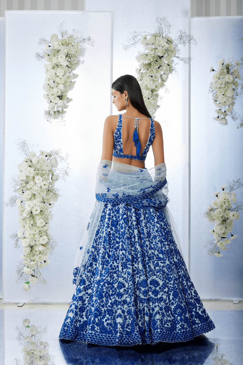 Seema Gujral - Blue On Blue Resham Work Lehenga Set - Couture Encore