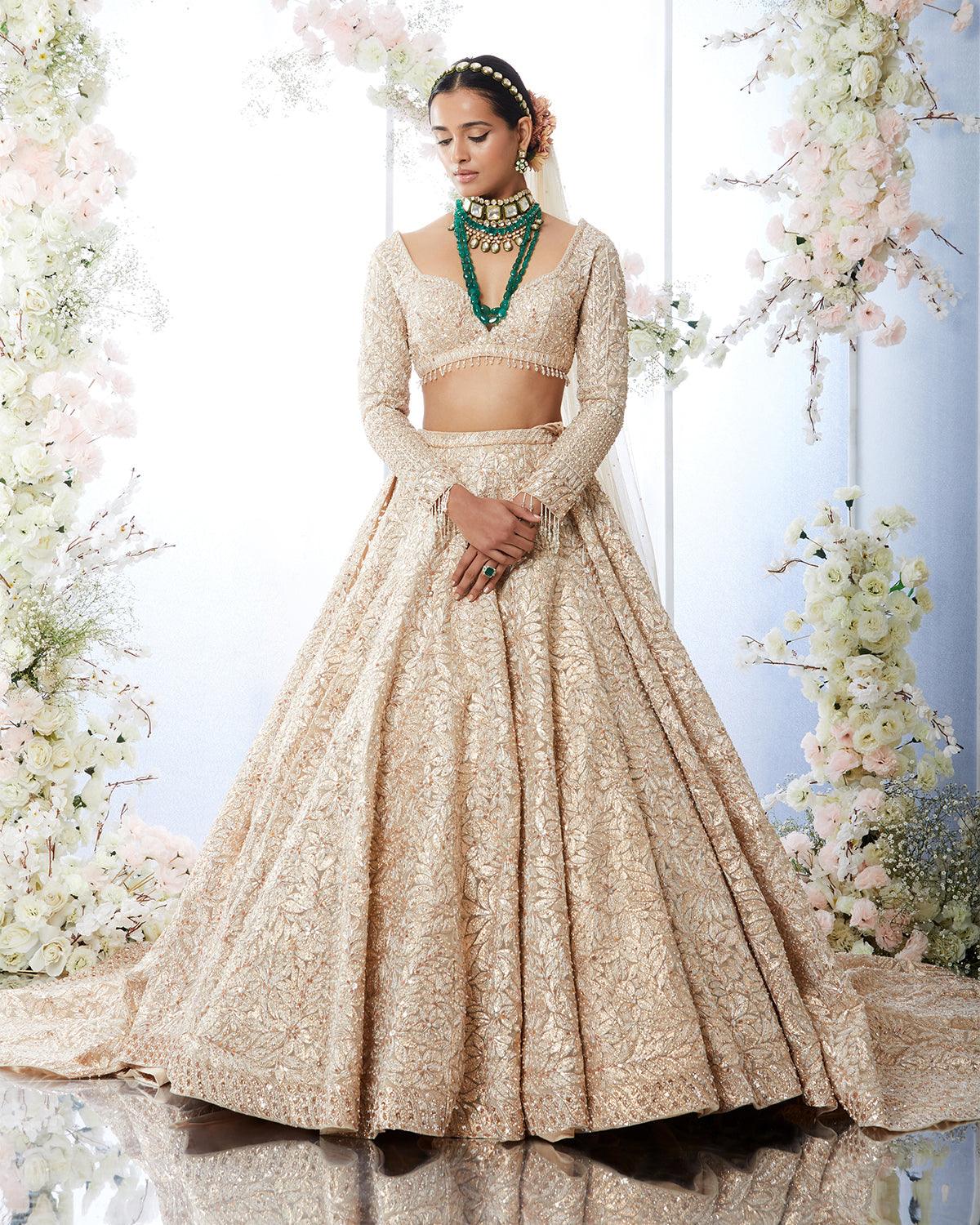 Seema Gujral - Gold Net Embroidered Lehenga Set - Couture Encore