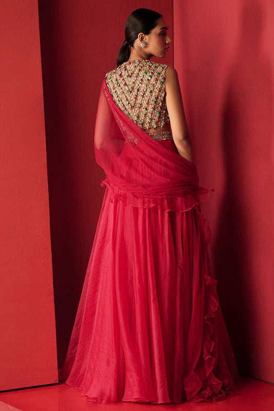 Rent Ridhi Mehra Red Organza Lehenga Set - Couture Encore