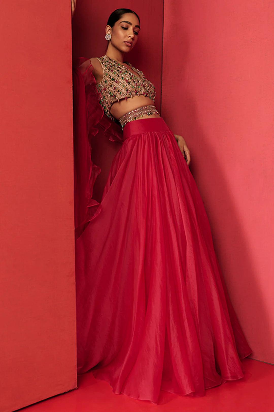 Rent Ridhi Mehra Red Organza Lehenga Set - Couture Encore