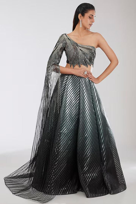Rent Amit Aggarwal Black & Silver Crepe Chiffon Lehenga Set - Couture Encore