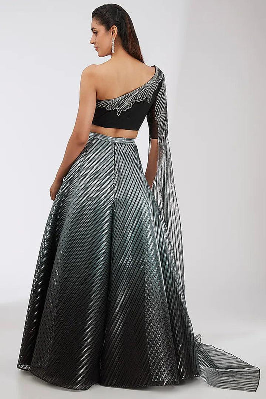 Rent Amit Aggarwal Black & Silver Crepe Chiffon Lehenga Set - Couture Encore