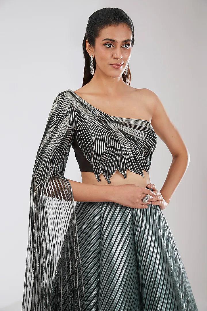 Rent Amit Aggarwal Black & Silver Crepe Chiffon Lehenga Set - Couture Encore