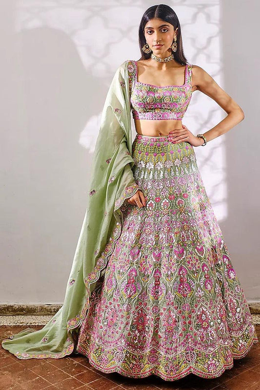 Aneesh Agarwaal - Sage Green Embroidered Lehenga Set - Couture Encore