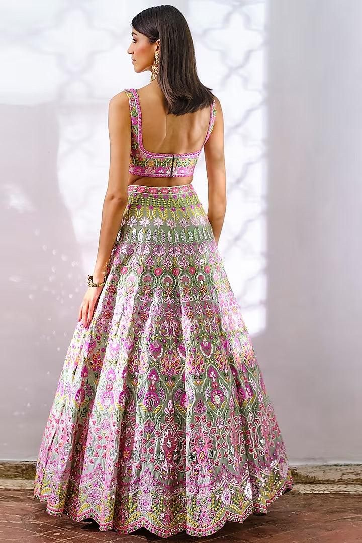 Aneesh Agarwaal - Sage Green Embroidered Lehenga Set - Couture Encore