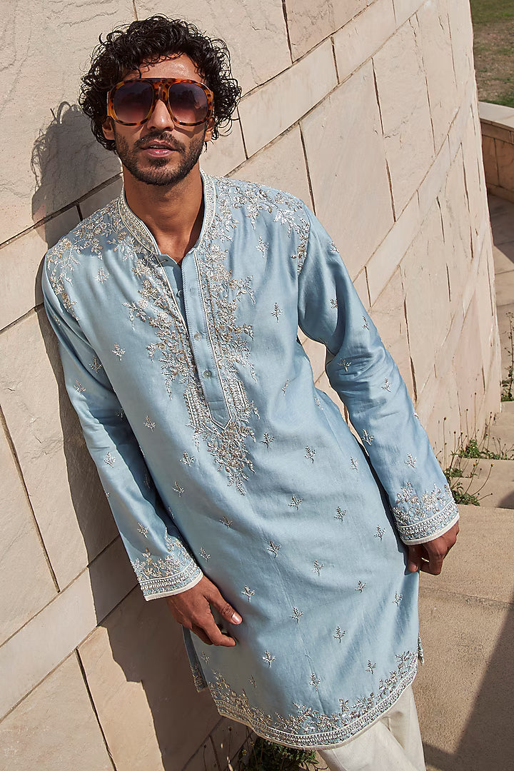 Rent Anushree Reddy Powder Blue Chanderi Geometric Kurta Set