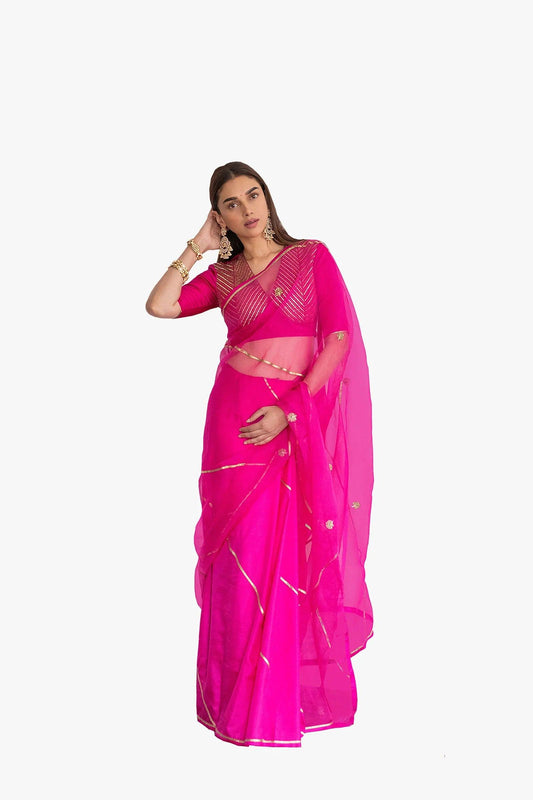 Rent Raw Mango Rani Pink Organza Saree - Couture Encore