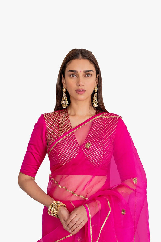Rent Raw Mango Rani Pink Organza Saree - Couture Encore