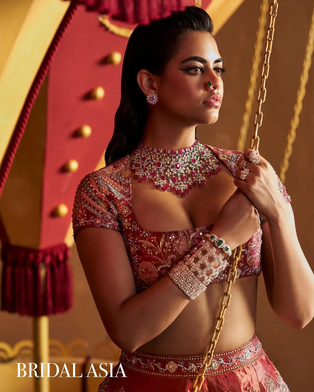 Aisha Rao - Red Tissue Kalidar Lehenga Set - Couture Encore