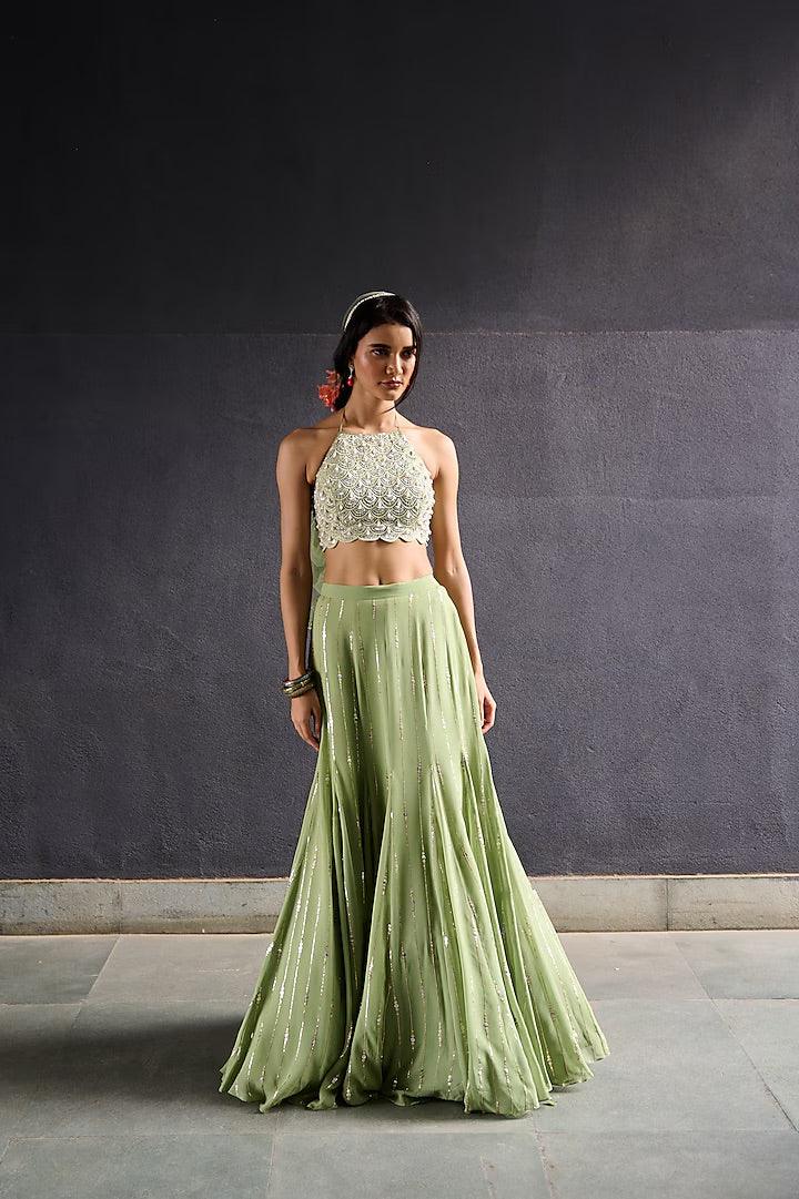 Rent Olive Green Sequin Work Lehenga Set