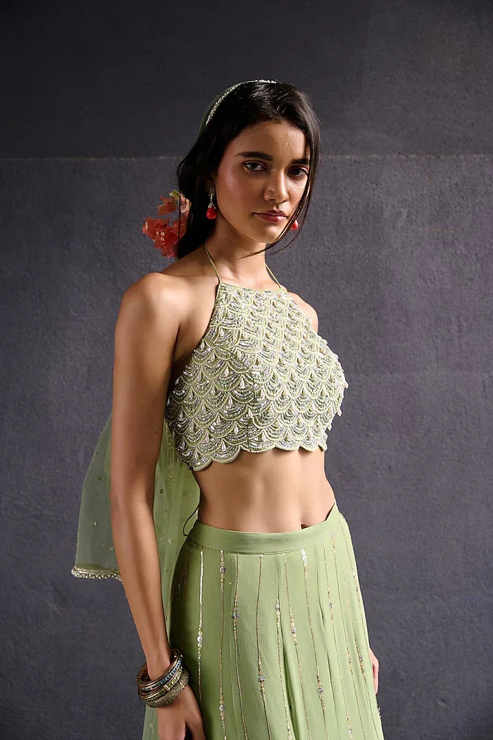 Rent Olive Green Sequin Work Lehenga Set