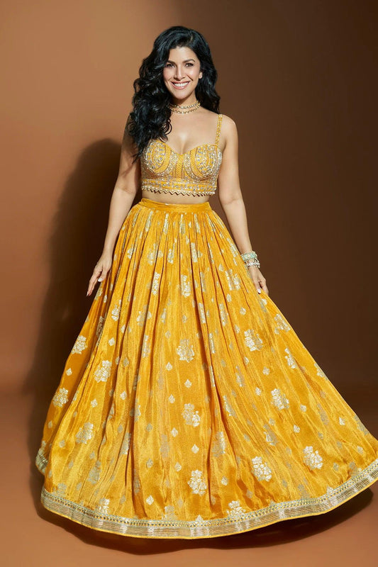 Chamee And Palak - Yellow Jacquard Skirt Set - Couture Encore