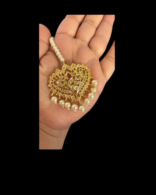DJTK358 Hiba Gold-Plated Polki Tikka with Ruby & Shell Pearls ( READY TO SHIP )