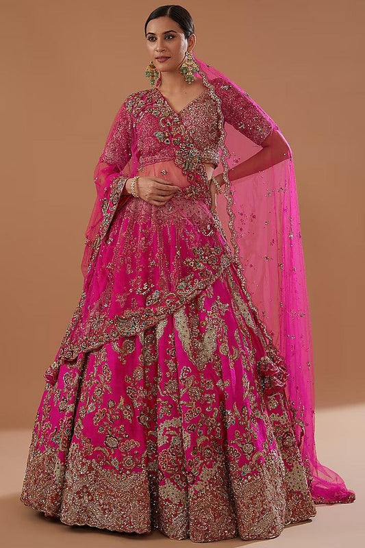 Dolly J - Fuchsia Pink Raw Silk Embroidered Lehenga Set - Couture Encore