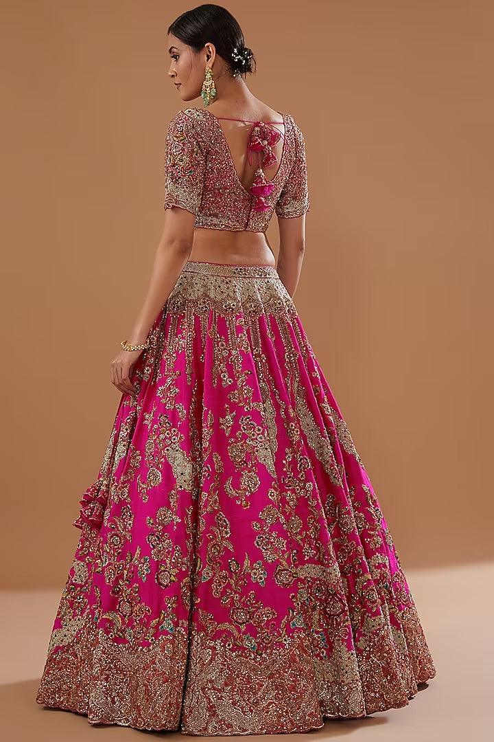Dolly J - Fuchsia Pink Raw Silk Embroidered Lehenga Set - Couture Encore