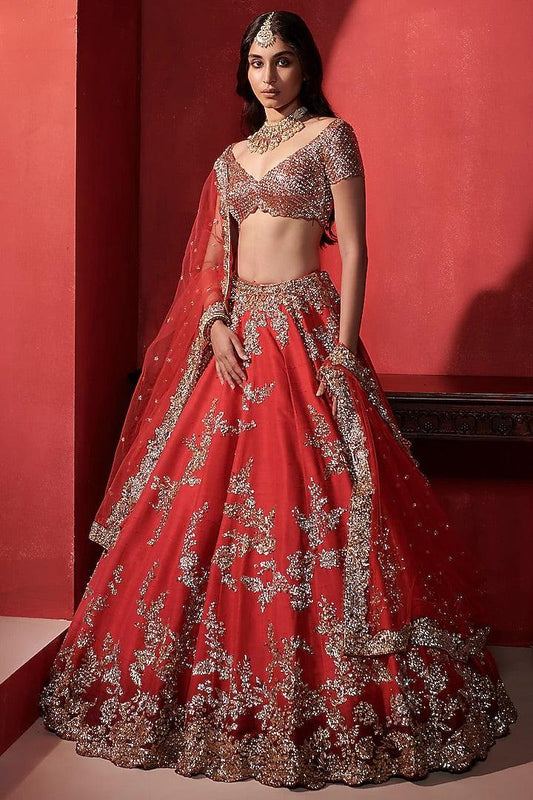 Dolly J - Orange & Sangria Kamdani Lehenga Set - Couture Encore