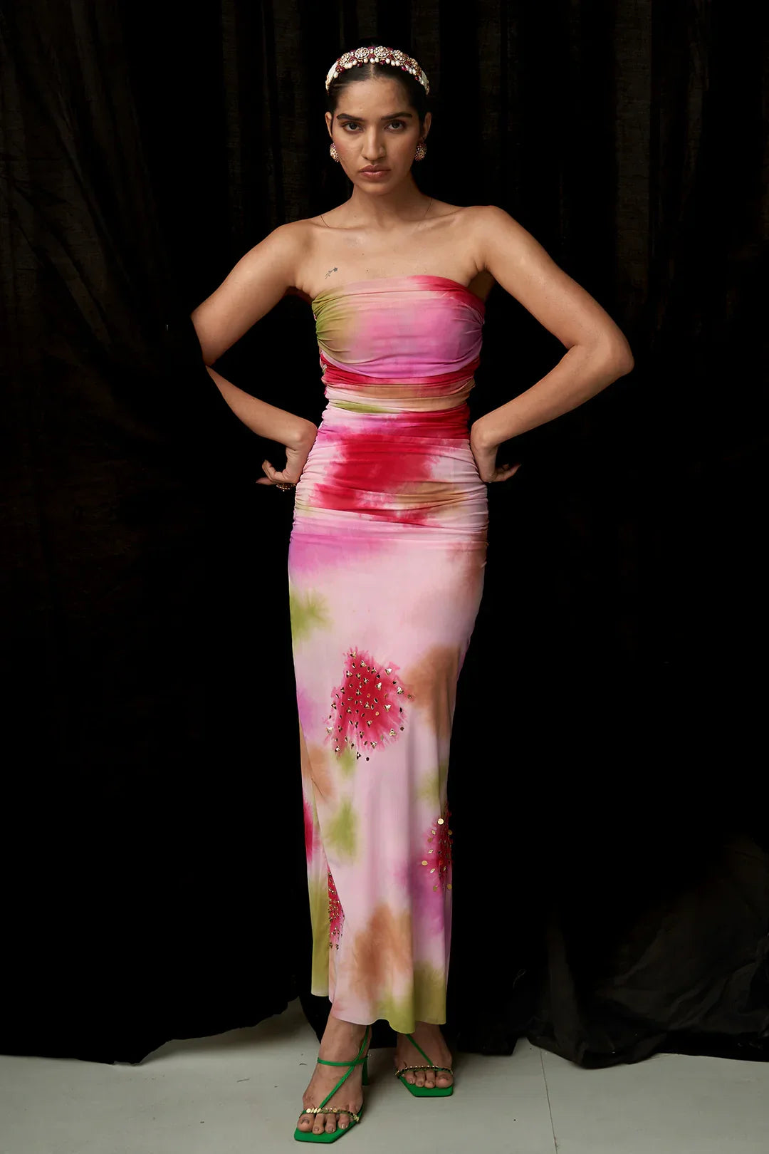 Rent Mahima Mahajan Multi-Colored Net Lycra Printed Ruched Maxi Dress