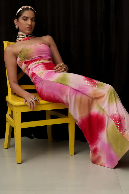 Rent Mahima Mahajan Multi-Colored Net Lycra Printed Ruched Maxi Dress