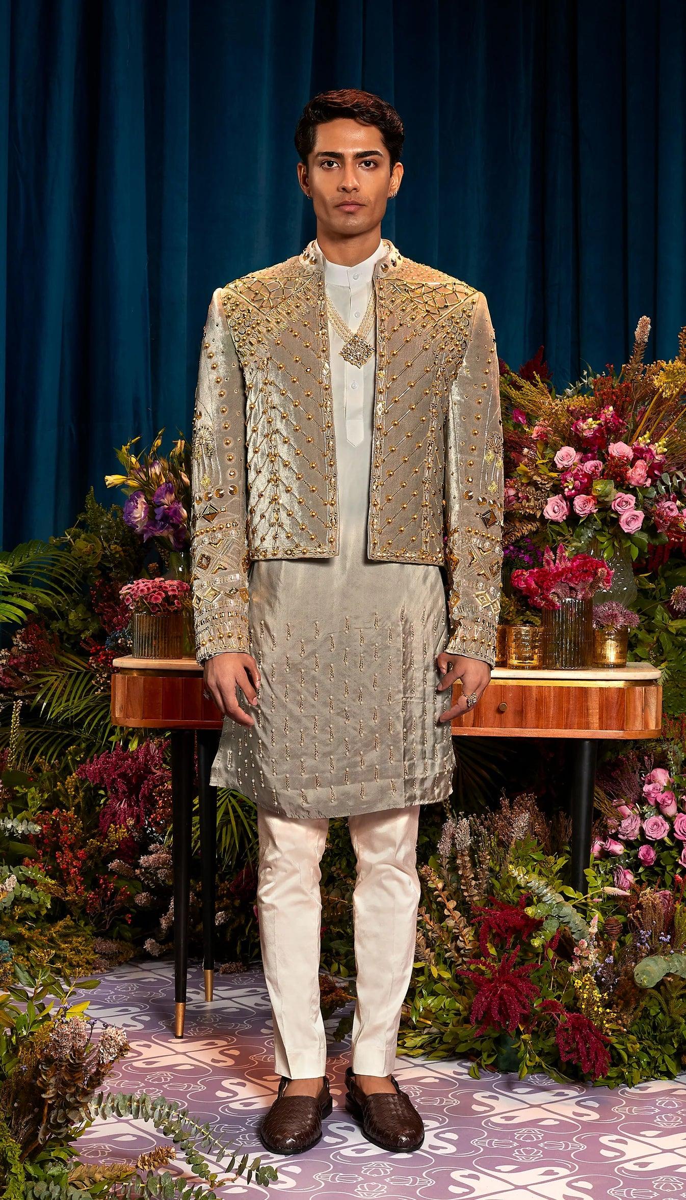 Papa Dont Preach By Shubhika - Ethan Men's Ivory And Grey Jacket Set - Couture Encore