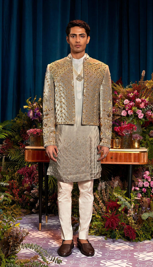 Papa Dont Preach By Shubhika - Ethan Men's Ivory And Grey Jacket Set - Couture Encore