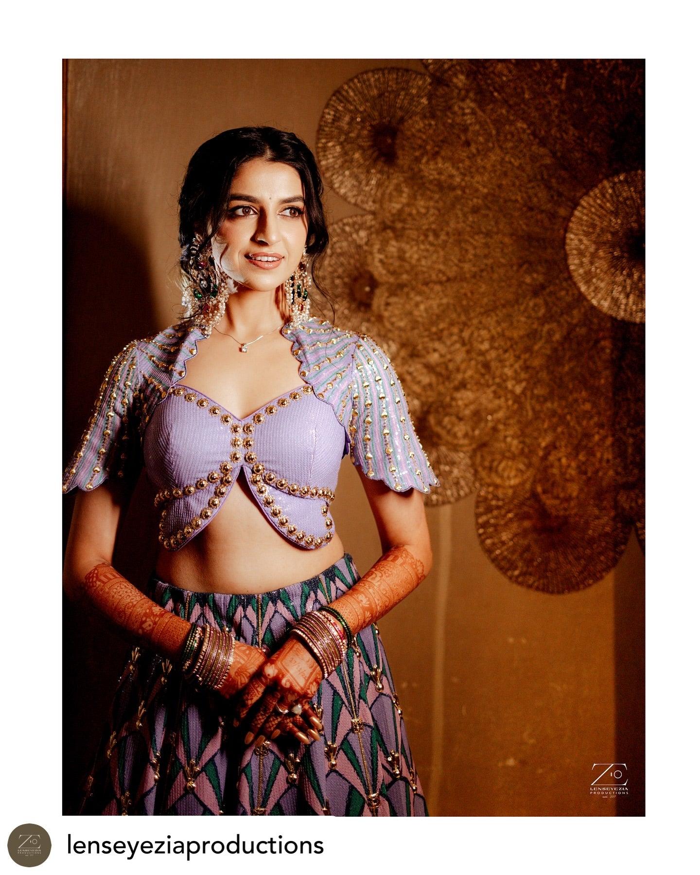 Rent Papa Don't Preach By Shubhika - Butterfly Blouse Blue Embellished Lehenga - Couture Encore