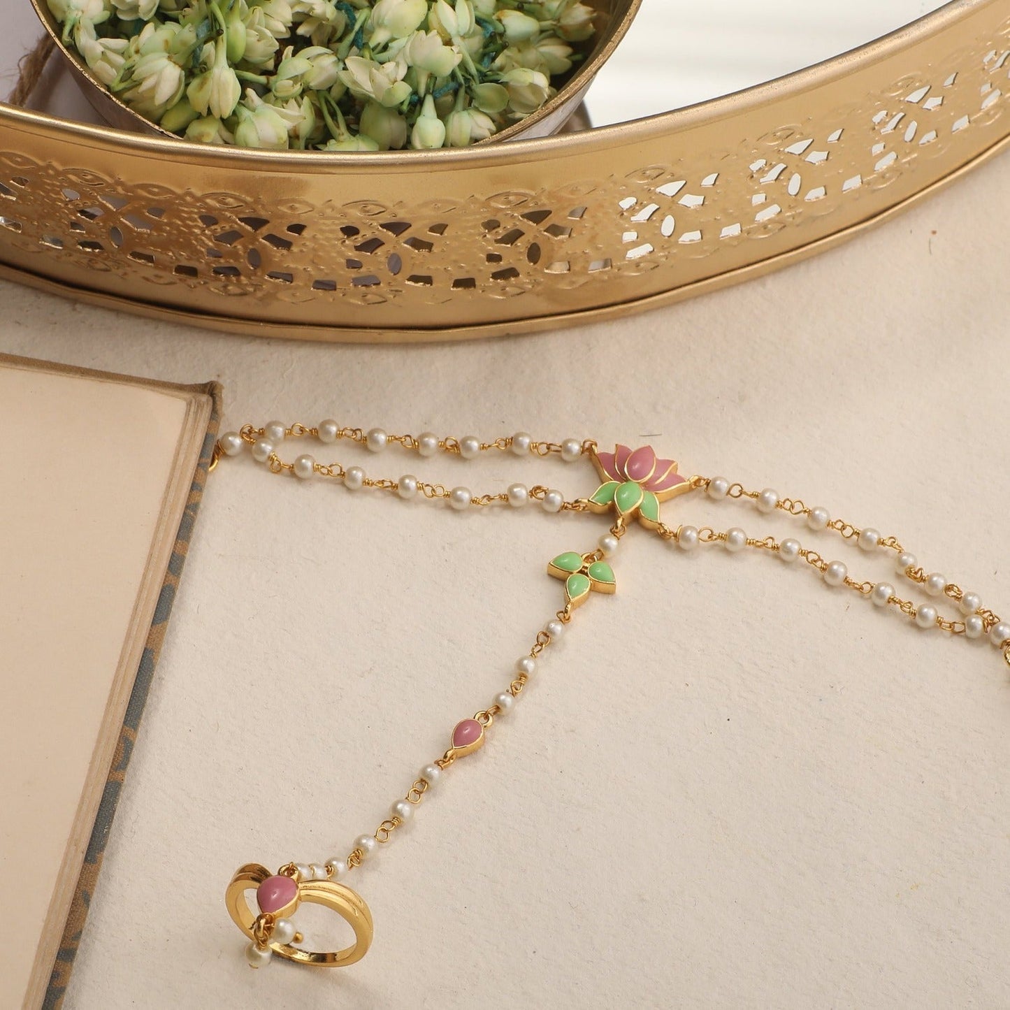 Jalaja Double Pearl Ring Hand Chain Bracelet