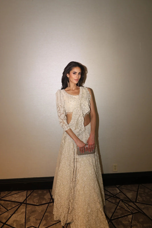 Rent Kalighata Ivory Zardosi Embroidered Lehenga Set