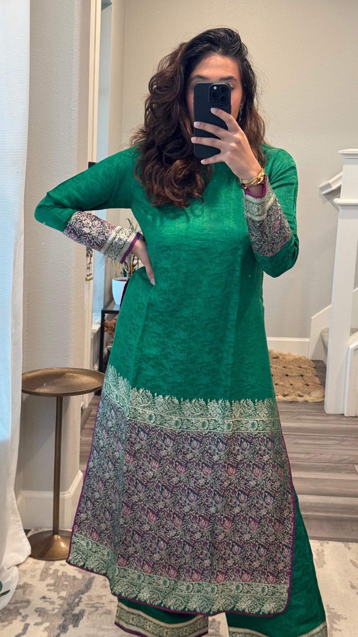Rent - Green brocade long kurta set - Couture Encore