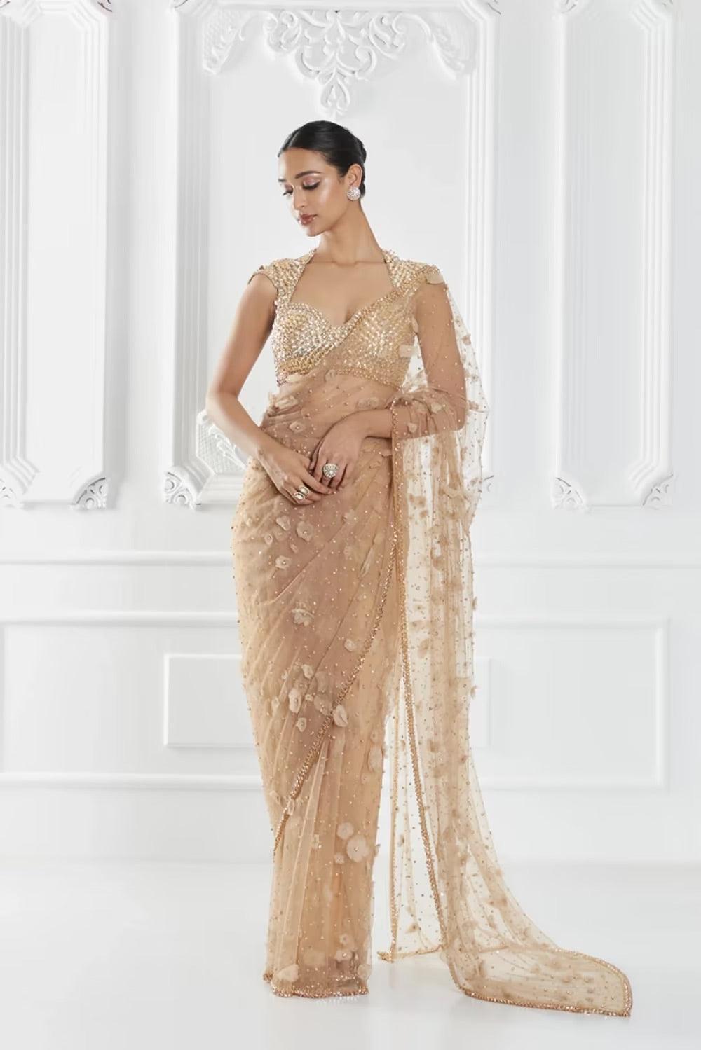 Rent Manish Malhotra Beige Floral Embellished Net Saree Set - Couture Encore
