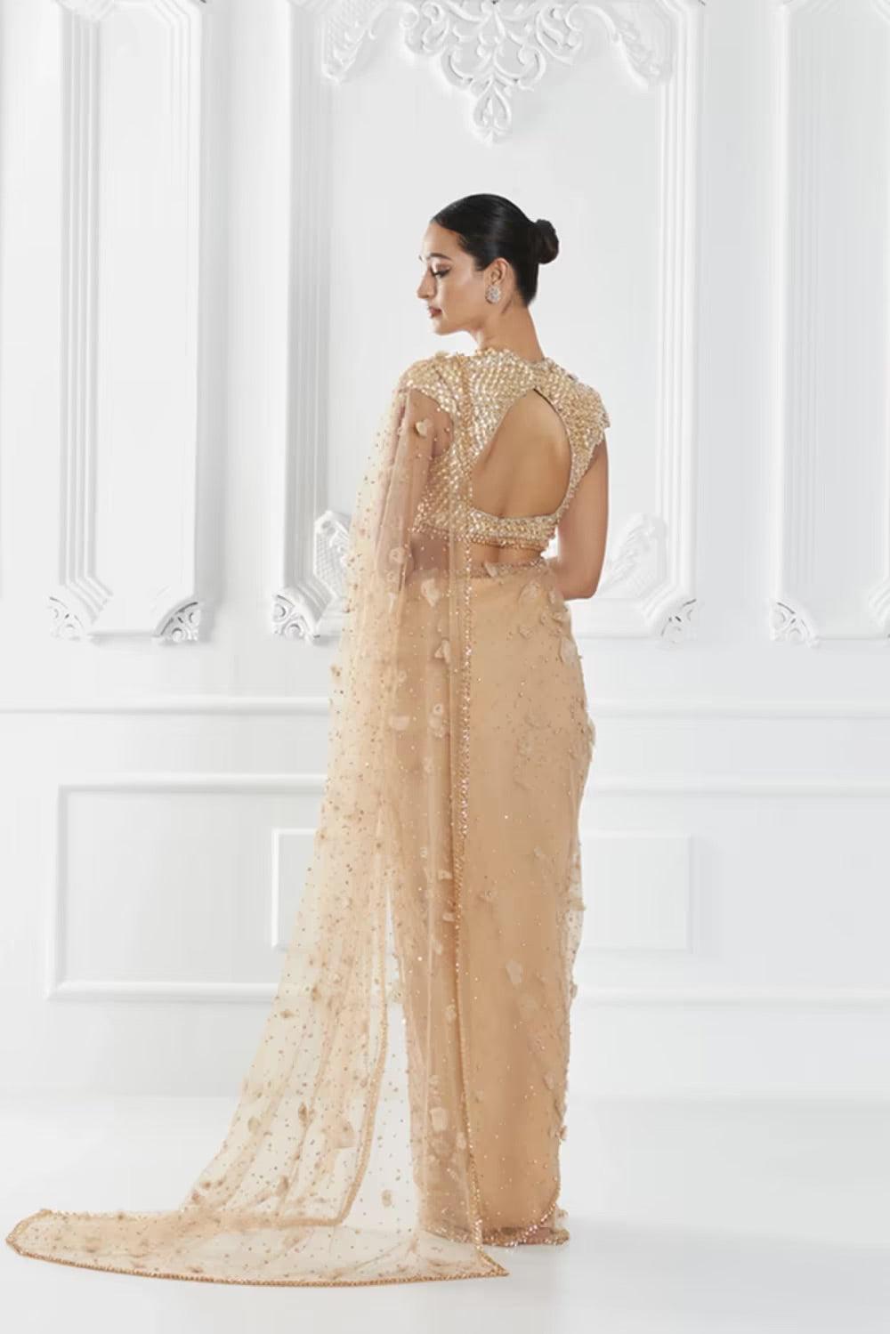 Rent Manish Malhotra Beige Floral Embellished Net Saree Set - Couture Encore