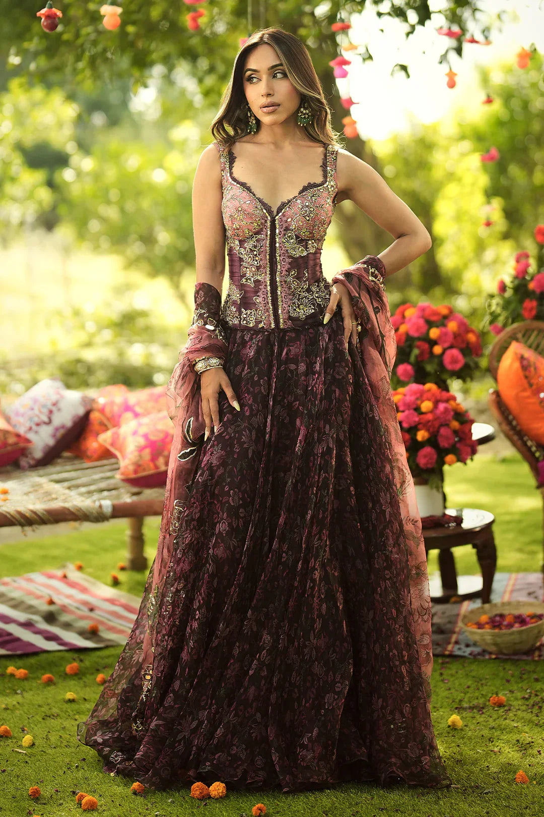 Rent Mahima Mahajan Burgundy Corset With Printed Lehenga and Dupatta