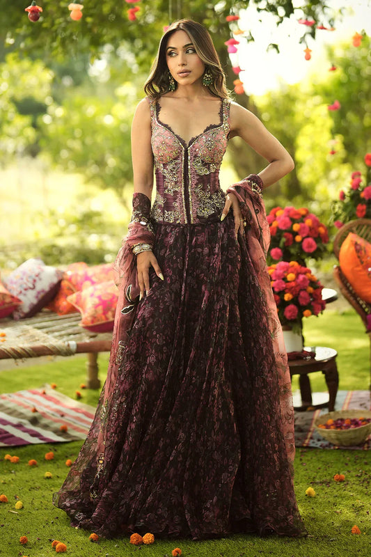 Rent Mahima Mahajan Burgundy Corset With Printed Lehenga and Dupatta