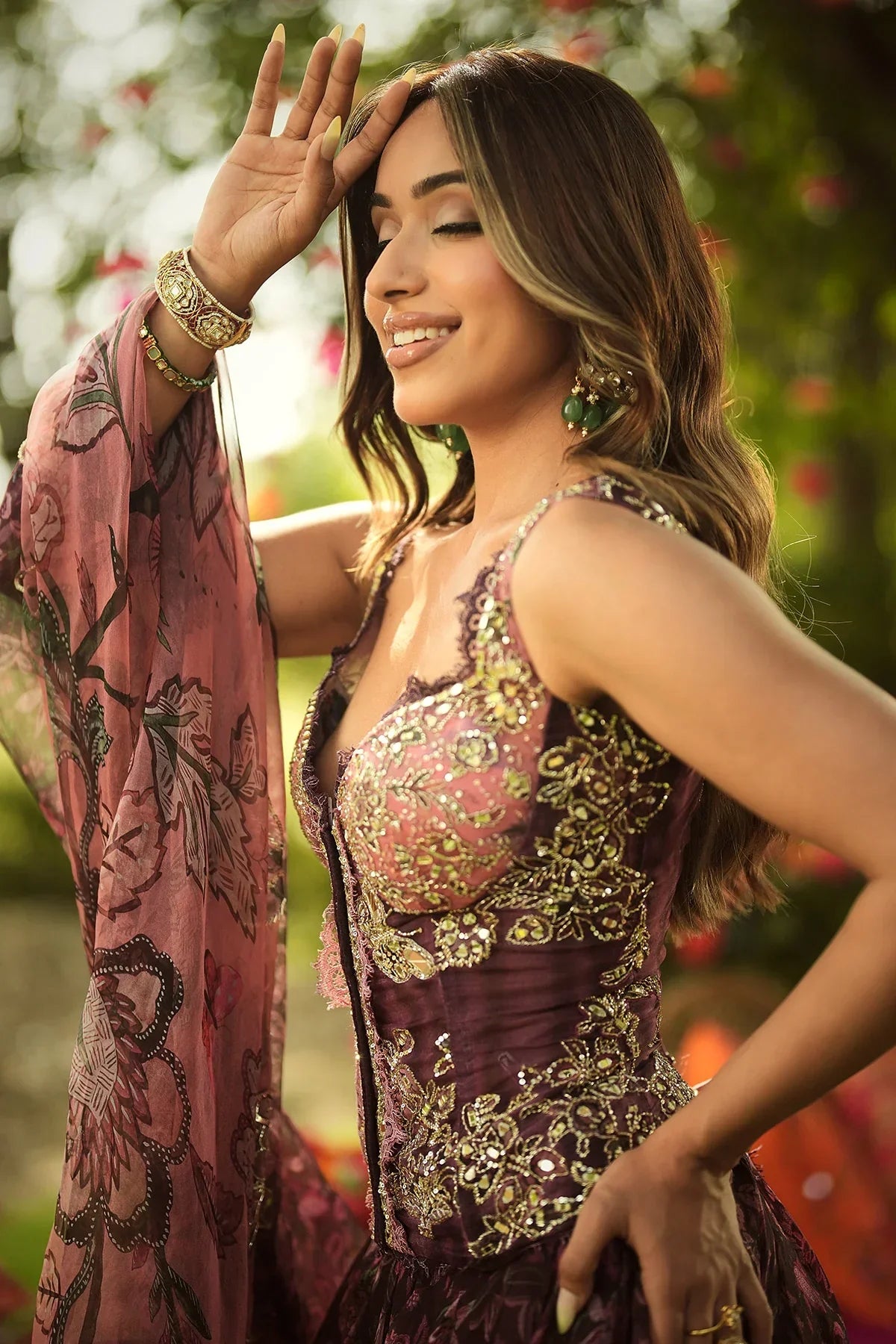 Rent Mahima Mahajan Burgundy Corset With Printed Lehenga and Dupatta