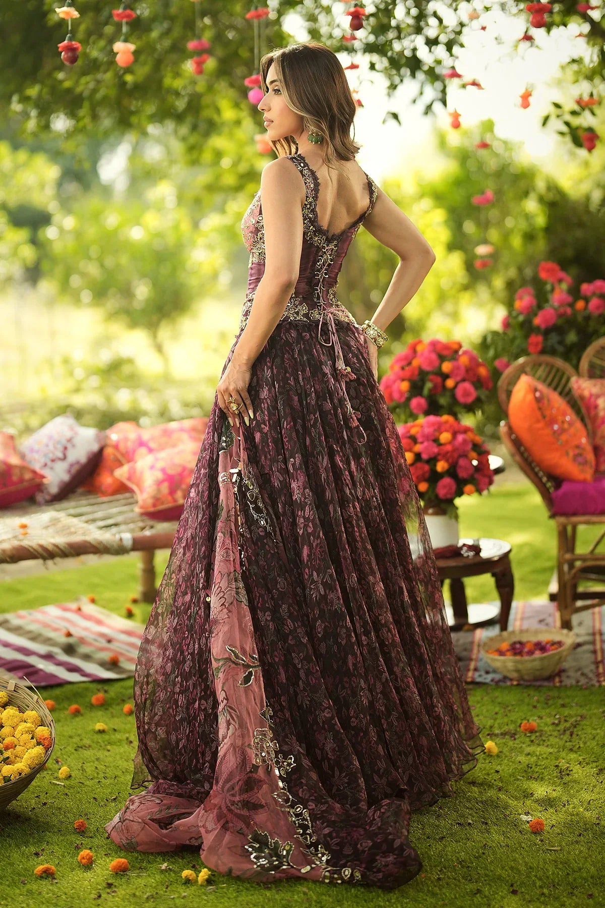 Rent Mahima Mahajan Burgundy Corset With Printed Lehenga and Dupatta