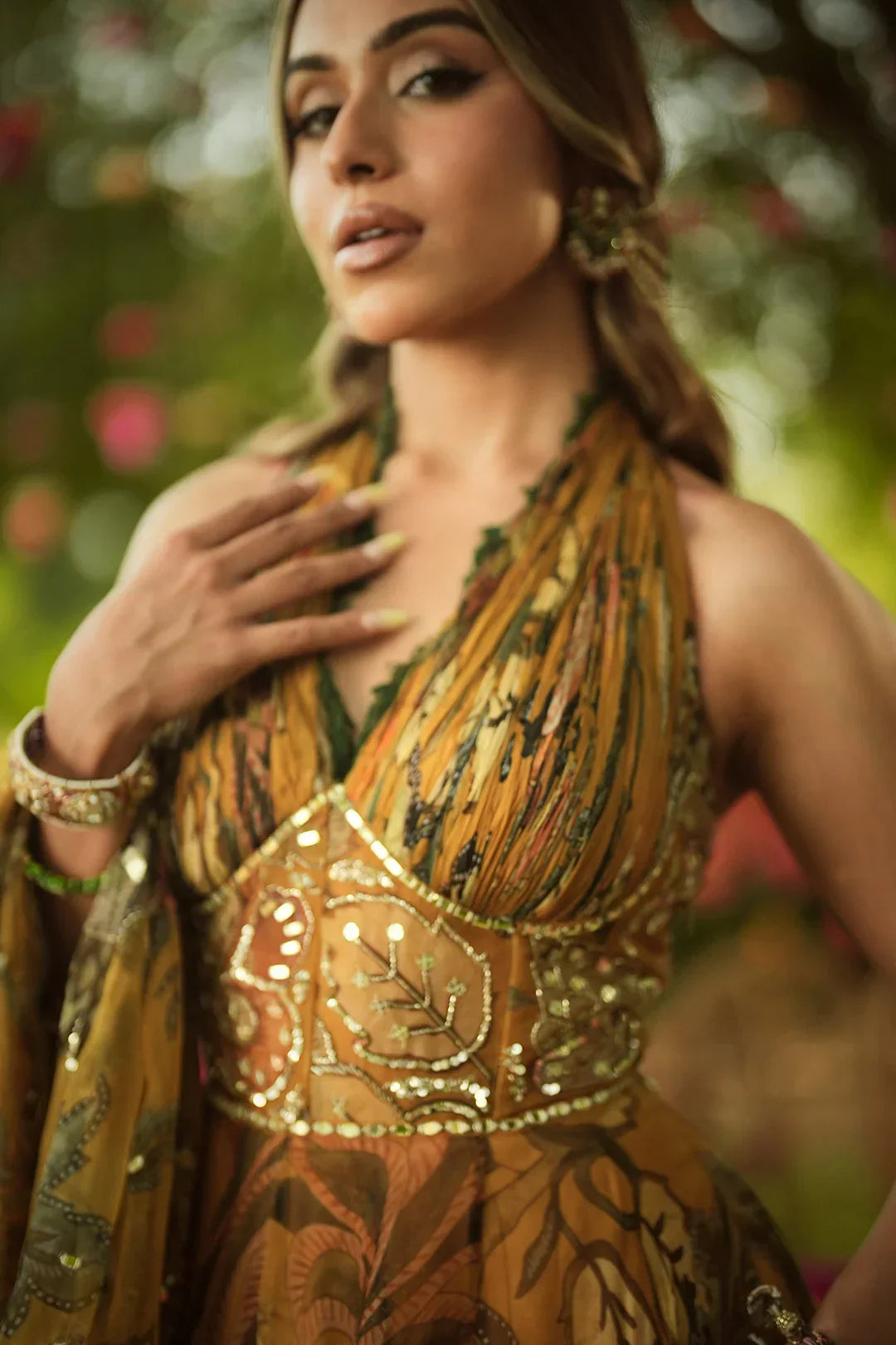 Rent Mahima Mahajan Halter Neck Ruched Anarkali With Embroidered Dupatta